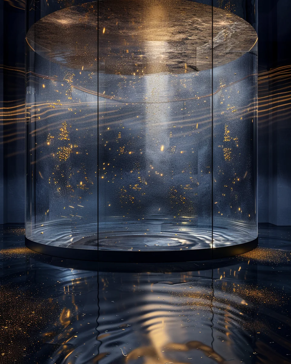 深海の青光に包まれた水族館のドーム空間 — a blue dome in the deep, still in the night's embrace.